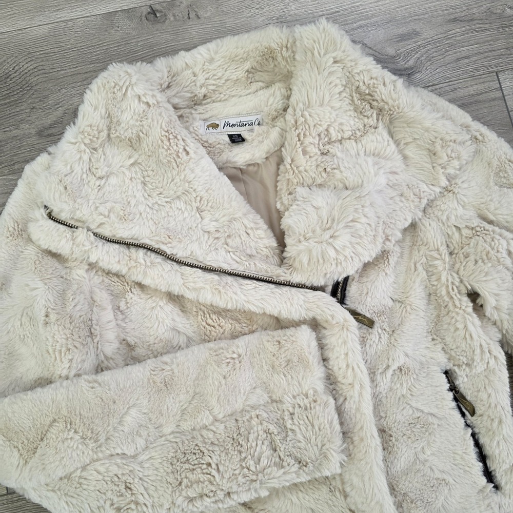 Montana Co. Women's Faux Fur Zip Jacket XS Cream Plush Soft Moto Style